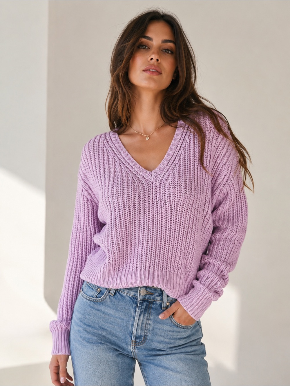 John + Jenn Pink Chunky Knit V-Neck Sweater Size Small